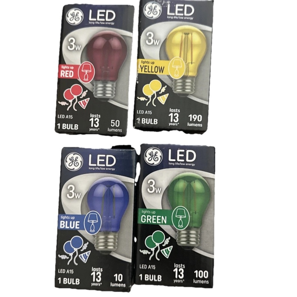 Variety Pack GE LED Light Bulbs - LED A15 Red, Yellow, Blue, Green
